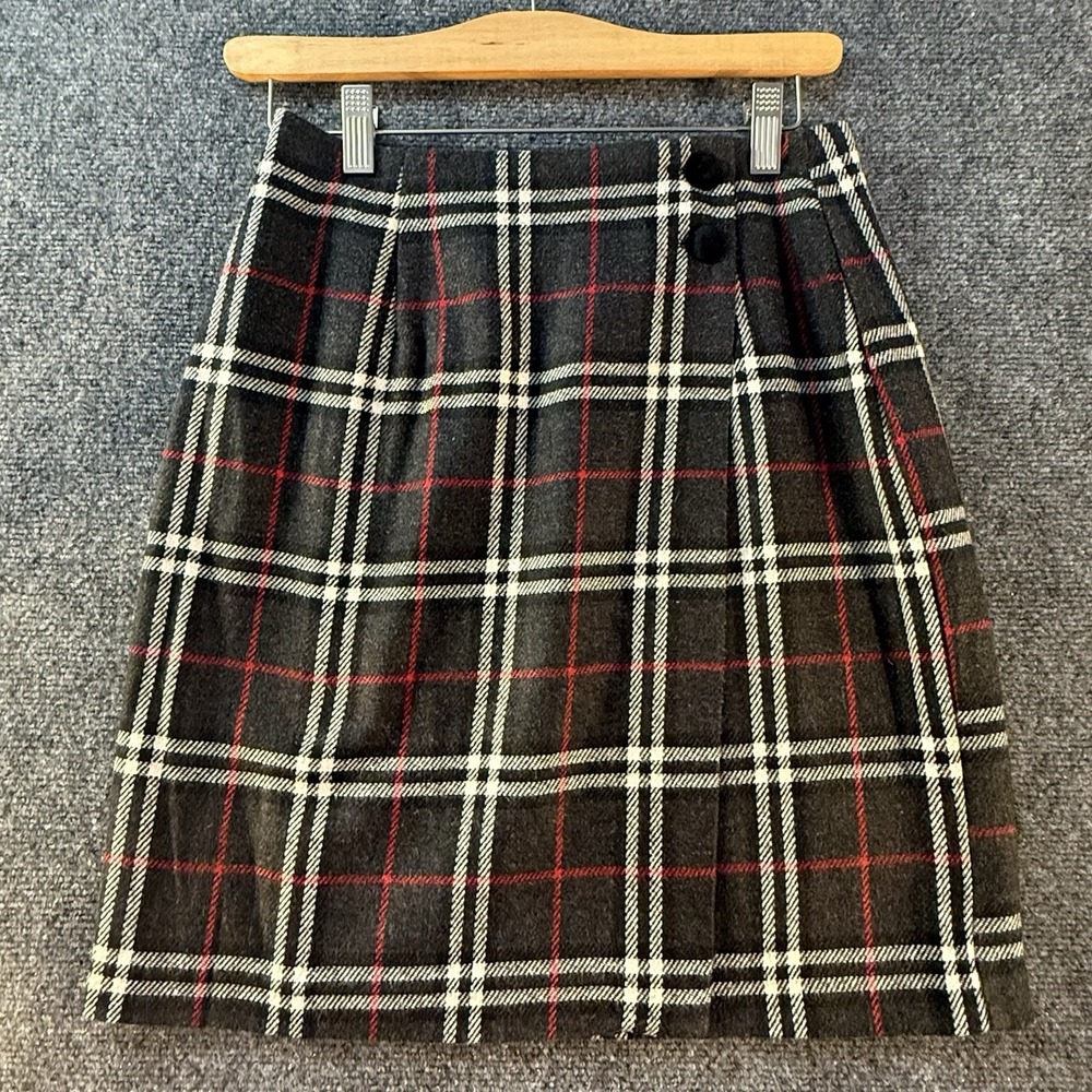 Vintage Maggie Lawrence Womens 6 Wool Blend Plaid Wrap Skirt Black Red USA
